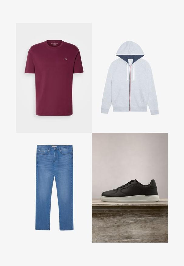 Lichtgrijze zip-up hoodie met een marineblauwe gevoerde capuchon, contrasterende rode en blauwe ritsaccenten, en twee voorste patchzakken.; Bordeaux katoenen t-shirt met een ronde hals, korte mouwen en een klein wit "M OP" logo op de borst. Gladde textuur en reguliere pasvorm.; Lichtblauwe spijkerbroek met een rechte pijp, vijf zakken, subtiele vervaging en metalen accenten op de taille en zakken.; Zwarte sneaker met witte zool zwevend boven een houten bank, groene loofbomen op de vervaagde achtergrond.