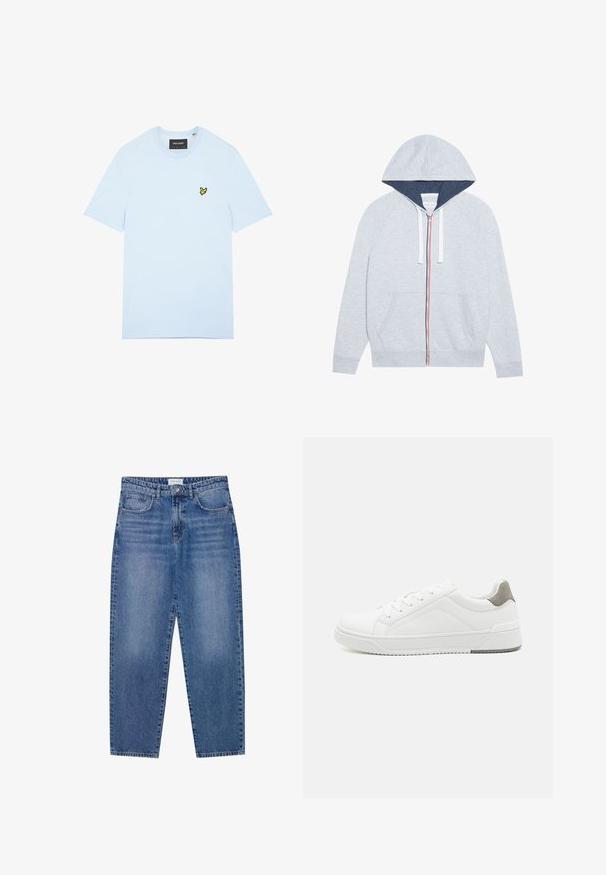 Haut à capuche zippé gris clair avec une capuche doublée de bleu marine, des accents de fermeture éclair rouges et bleus contrastants, et deux poches plaquées à l'avant.; T-shirt en coton bleu clair avec col rond, arborant un petit logo d'oiseau jaune brodé sur le côté gauche de la poitrine. Manches courtes, couleur unie.; Jean en denim bleu avec une taille haute, une coupe droite et une finition délavée. Comprend cinq poches et une fermeture à bouton.; Basket blanche en cuir lisse, à bout arrondi, design minimaliste, accent de talon gris et semelle en caoutchouc texturé.