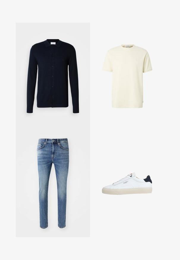 Marineblå cardigan lavet af blødt strikket materiale, med knaplukning foran, flad krave og ribbede manchetter. Diskret logo på brystet.; Ensfarvet cremefarvet T-shirt med korte ærmer, rund halsudskæring og subtilt tekstureret stof, med en lille broderet logo på venstre bryst.; Favnet lys blå denimjeans med slim fit, fem lommer, lynlås og metalknaplukning i taljen.; Hvid lavtop-sneaker med beige sål, hvide snørebånd, sort hælkappe og "Pepe Jeans London"-logo på siden.