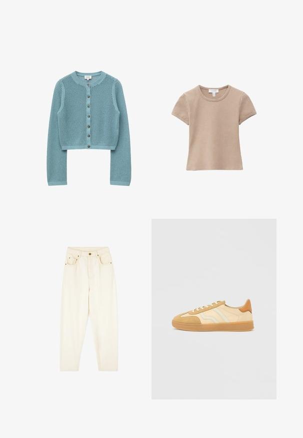 Hellblaue Strickjacke mit langen Ärmeln, rundem Ausschnitt und sieben braunen Knöpfen vorne, aus einem meshartigen, strukturierten Stoff gefertigt.; Beige kurzärmliges Baumwoll-T-Shirt mit Rundhalsausschnitt, sichtbaren Nähten und einem Stoffetikett am Halsausschnitt, flach auf weißem Hintergrund gelegt.; Cremfarbene Jeans mit geraden Beinen, zwei Vordertaschen und goldenen Hardware-Details. Glatte Textur mit klassischem Design.; Turn- und Sportschuhe in Braun- und Cremetönen aus Wildleder und Leder, mit Gummisohlen, drei Streifen und braunem Fersenakzent.