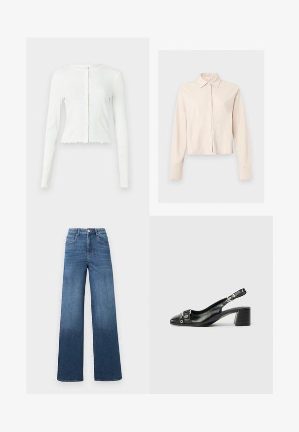 Biele dlhé rukávy ribbed crop top s okrúhlym výstrihom a zapínaním na gombíky. Obsahuje lem s vlnitým okrajom a priliehavý strih.; Béžová košeľa s dlhým rukávom na gombíky, so špicatým golierom a manžetami, zobrazená na neutrálnom pozadí.; Džínsy s širokými nohavicami v stredne modrej farbe s postupným zosvetlením smerom k lemom, s klasickým zapínaním na gombík a zips.; Čierne kožené lodičky so špicatou špičkou, štruktúrovaný popruh s kruhovými kovovými akcentmi a s blokovým podpätkom.
