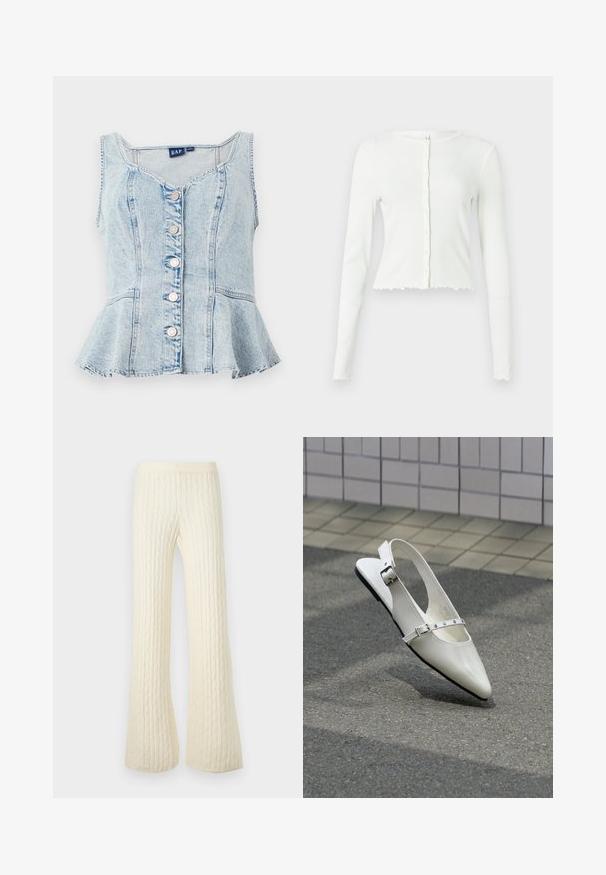 Top corto de manga larga blanco con canalé, cuello redondo y cierre de botones. Presenta un bajo con volantes y una silueta ajustada.; Top peplum de mezclilla azul claro con escote en forma de U, seis botones de presión plateados y detalles de costura en todo el diseño.; Pantalones de punto de cable de pierna ancha color crema con cintura elástica, diseñados para calor y comodidad.; Zapato plano blanco con punta puntiaguda y diseño slingback con dos hebillas plateadas, mostrado al aire libre sobre un suelo texturizado y fondo de pared con azulejos.
