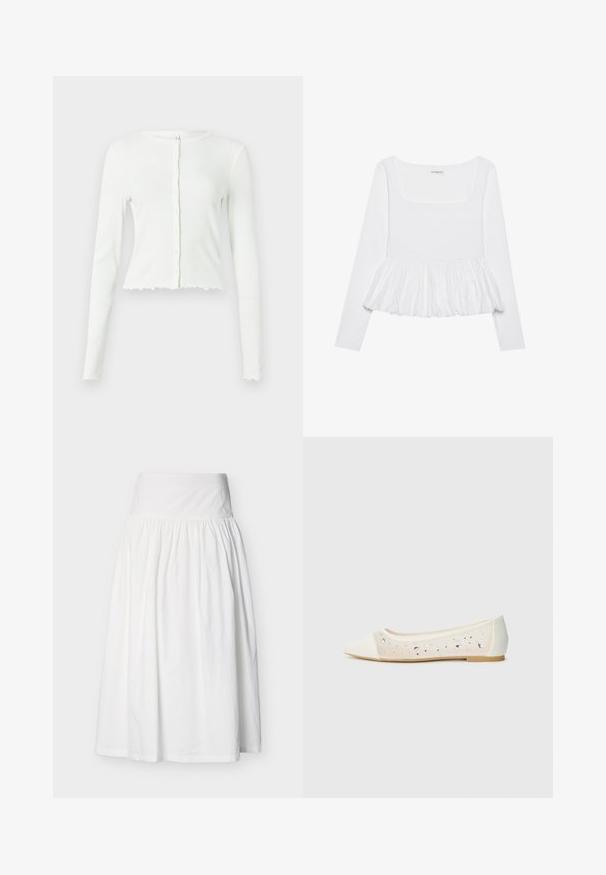 Crop top blanc à manches longues en ribbed avec un col rond et une fermeture à boutons. Présente un ourlet festonné et une silhouette ajustée.; Haut blanc à manches longues avec un décolleté carré, doté d'un ourlet peplum froncé en tissu texturé. Étiquettes visibles au niveau du cou.; Jupe midi blanche taille haute avec tissu froncé et large ceinture, présentée sur un fond gris clair uni.; Mocassins à bout pointu en cuir crème avec un dessus transparent ornés de strass dispersés. Semelle douce pour le confort, design minimaliste.