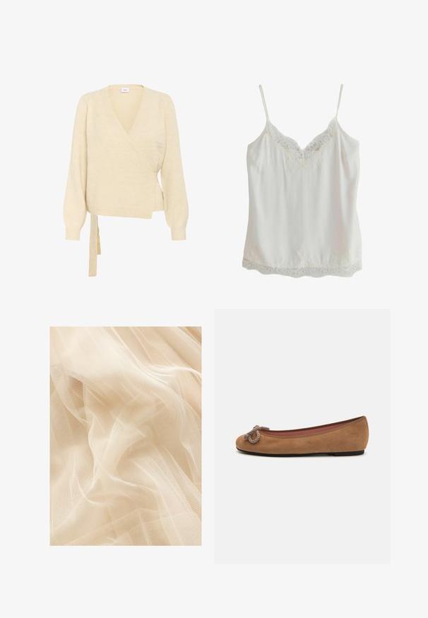 Saint Tropez LARNASZ WRAP - Vest - fog; Witte mouwloze top met dunne bandjes en kanten rand aan hals en zoom, gemaakt van gladde stof.; Lichtbeige tule stof met een zachte, doorschijnende textuur, met een fijne gaasweving die zachte golven en plooien creëert.; Bruine suède ballerina's met een ronde neus, voorzien van een decoratieve touwknopen aan de voorkant en een vlakke zool.