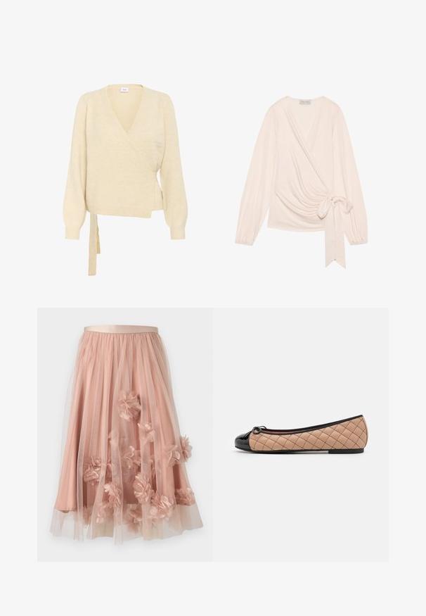 Saint Tropez LARNASZ WRAP - Chaqueta de punto - fog; Envuélvete en una suave tela de color rosa claro. Cuenta con mangas largas, un lazo en la cintura y un suave drapeado en la parte delantera.; Falda de tul en rosa suave con cinturilla de satén. Cuenta con tela transparente en capas y apliques florales tridimensionales por toda la prenda.; Pretty Ballerinas Bailarinas - black/beige