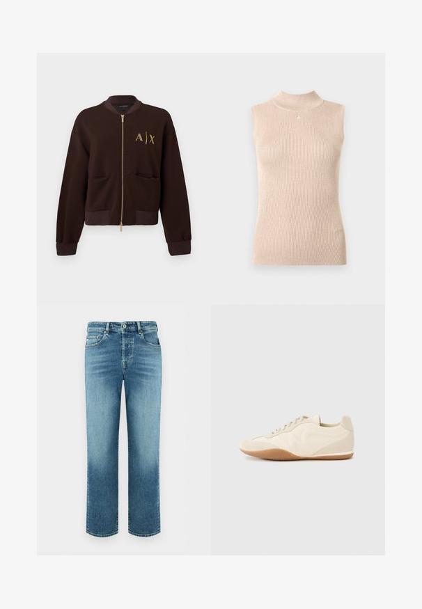 Braune Bomberjacke mit Reißverschluss, gerippten Bündchen und Saum, vorderen Taschen und gelbem "A|X"-Logo auf der linken Brust.; Ärmelloses, hochgeschlossenes Top aus weichem, beige geripptem Strickstoff. Verfügt über einen dezenten Glanz, eine körpernahe Passform und ein kleines Logo am Kragen.; Blaue Straight-Leg-Denim-Jeans mit Knopf- und Reißverschluss, vorne und hinten Taschen sowie subtilen ausgebleichten Details.; Hellbeige Sneaker mit strukturiertem Lederupper, strukturierten seitlichen Einsätzen und einer Gummisohle. Verfügt über ein schlankes, stromlinienförmiges Design und flache Schnürsenkel.