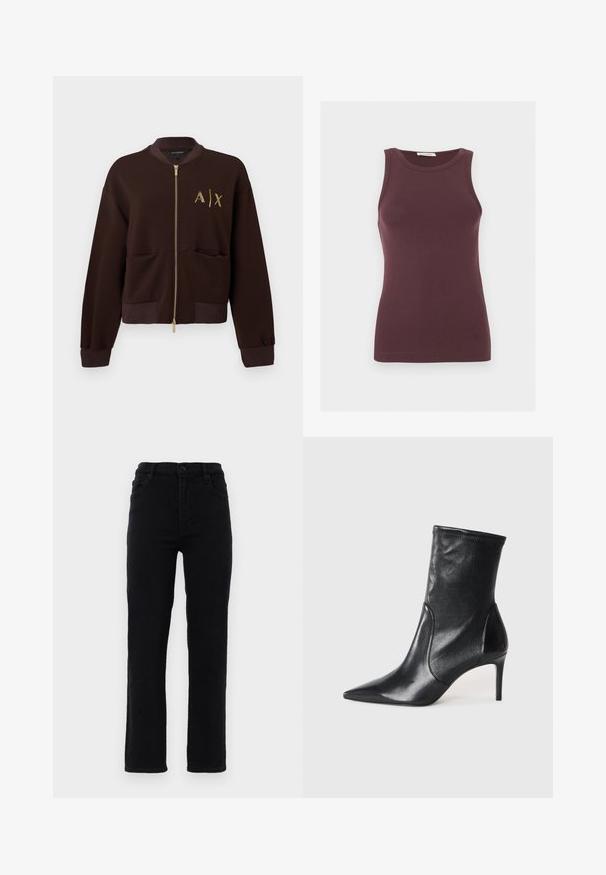 Blouson bomber marron zippé avec poignets et ourlet côtelés, poches avant et logo jaune "A|X" sur la poitrine gauche.; Débardeur ajusté sans manches de couleur violet foncé avec un col rond et un logo discret près de l'ourlet, présenté sur un fond clair uni.; Jeans en denim noir avec des jambes droites, une taille mi-haute et cinq poches. Comprend une fermeture à bouton à l'avant et des passants de ceinture.; Bottes noires à la cheville en cuir lisse, dotées d'un bout pointu, d'un tige ajustée et d'un talon haut fin. Design minimaliste sans quincaillerie visible.