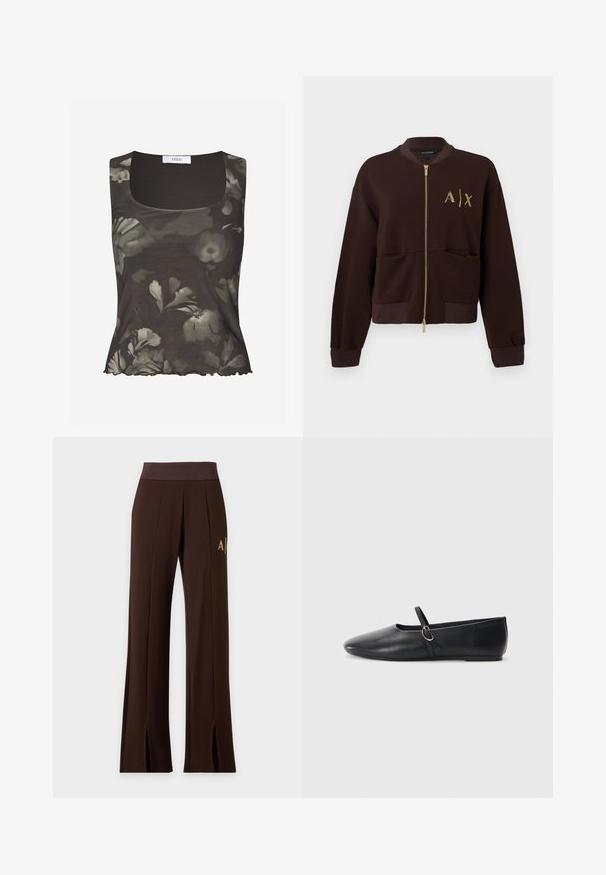 Blouson bomber marron zippé avec poignets et ourlet côtelés, poches avant et logo jaune "A|X" sur la poitrine gauche.; Envii WILMA - Débardeur - green; Pantalon large marron foncé avec taille élastique, coutures sur l'avant, logo sur le côté et fentes à l'avant de l'ourlet.; Ballerines noires en cuir avec un bout pointu, une semelle plate et une petite sangle avec un détail de boucle en argent.