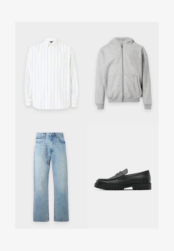 Lichtgrijze rits hoodie met voorzakken, ribgebreide manchetten, zoom en een vaste capuchon op een witte achtergrond.; Witte lange mouw shirt met verticale lichtgroene en blauwe strepen, knoopsluiting aan de voorkant, puntige kraag en één borstzak.; Lichtblauwe denim jeans met wijde rechte benen, vijf-vaks ontwerp en een riemlus in de tailleband. De stof vertoont een iets vervaagde textuur.; Zwarte leren instappers met een ronde neus, voorzien van een gestikt ontwerp, een lage platformzool en een gestructureerde, grof rubberen buitenzool.
