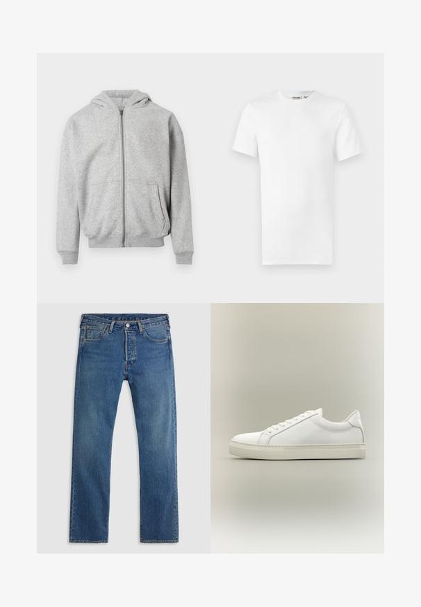 Lys grå zip-up hættetrøje med frontlommer, ribbede manchetter, nederste kant og fastgjort hætte på hvid baggrund.; Hvid, kortærmet T-shirt med rund hals og et lille brandlabel inde i kraven, vist på en hvid baggrund.; Blå straight-leg denimjeans med fem lommer, bæltestropper og lukning med knap og lynlås foran på en ensfarvet baggrund.; Hvid lavtop sneaker med snørebånd foran og tyk sål, vist fra siden mod en neutral baggrund.