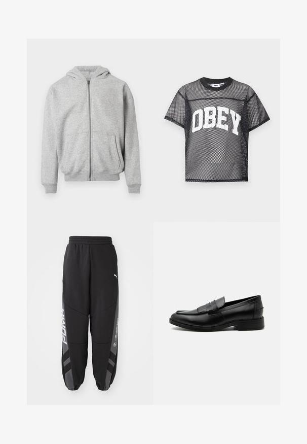 Hellgrauer Reißverschluss-Hoodie mit Fronttaschen, gerippten Bündchen, Saum und angenommener Kapuze auf einem weißen Hintergrund.; Schwarzes kurzärmeliges Mesh-Shirt mit weißem "OBEY"-Schriftzug über der Brust und einem einfarbig schwarzen Rundhalsausschnitt.; Schwarze Jogginghosen aus weichem Material. Mit elastischem Bund, schmal zulaufenden Beinen, grauen Akzenten und weißen Logos an den Seiten.; Schwarzer Leder-Herrenloafer mit Quasten-Detail, abgerundeter Spitze, niedrigem Absatz und glatter, polierter Oberfläche, von der Seite auf weißem Hintergrund dargestellt.