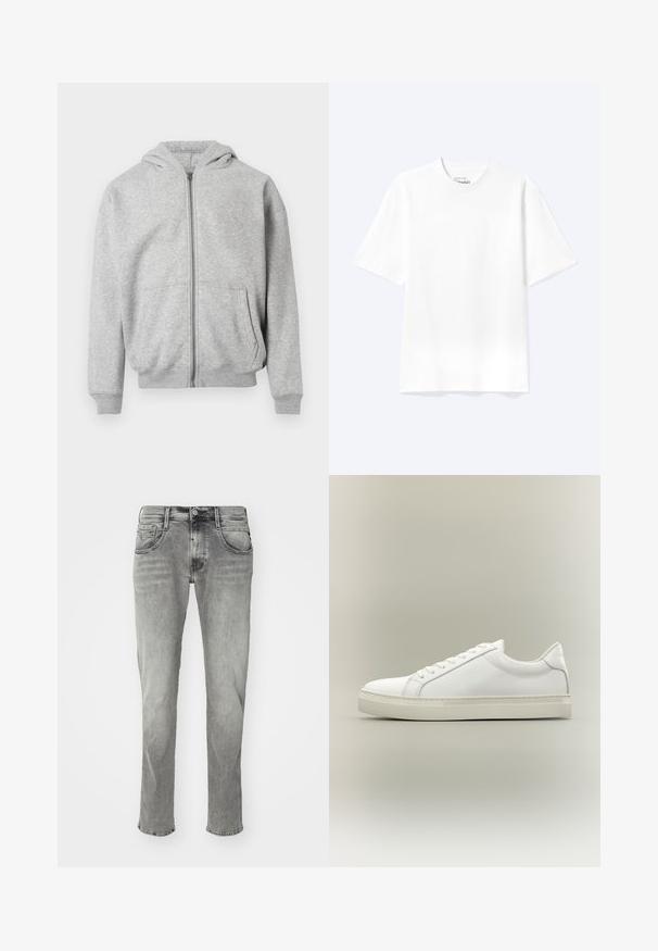 Lys grå zip-up hættetrøje med frontlommer, ribbede manchetter, nederste kant og fastgjort hætte på hvid baggrund.; Enkel hvid T-shirt med korte ærmer og rund hals med afslappet pasform, vist på en lys baggrund.; Grå denim jeans med lige pasform, udstyret med syede lommer, en knaplukning og en subtil falmning i hele stoffet.; Hvid lavtop sneaker med snørebånd foran og tyk sål, vist fra siden mod en neutral baggrund.