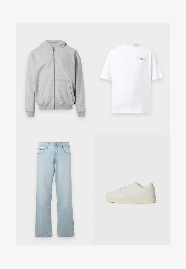 Sudadera con cremallera de color gris claro, con bolsillos delanteros, puños y dobladillo acanalados, y capucha adjunta sobre un fondo blanco.; Camiseta blanca de manga corta con texto pequeño azul "Santorini Grecia" en la parte superior izquierda del pecho, mostrada sobre un fondo claro y liso.; Vaqueros de mezclilla azul claro con un diseño holgado y de pierna ancha. Cuenta con cinco bolsillos, presillas para cinturón y un cierre de cremallera con botón.; Zapatillas blancas con una textura de cuero suave, diseño de cordones, detalles perforados y tres franjas diagonales en el costado. Suela de goma.