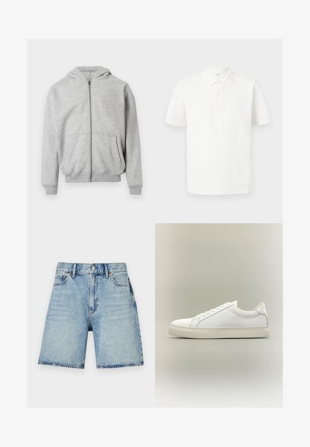 Sweat à capuche zippé gris clair avec poches frontales, poignets côtelés, ourlet et capuche attachée sur fond blanc.; Chemise polo blanche en coton avec un col classique, des manches courtes, une patte de boutonnage à deux boutons et un tissu texturé subtil.; Shorts en denim bleu clair à coupe droite, avec cinq poches et des coutures visibles. Fermeture à boutons à l'avant.; Baskets blanches basses à lacets sur l’avant et semelle épaisse, vues de côté sur un fond neutre.
