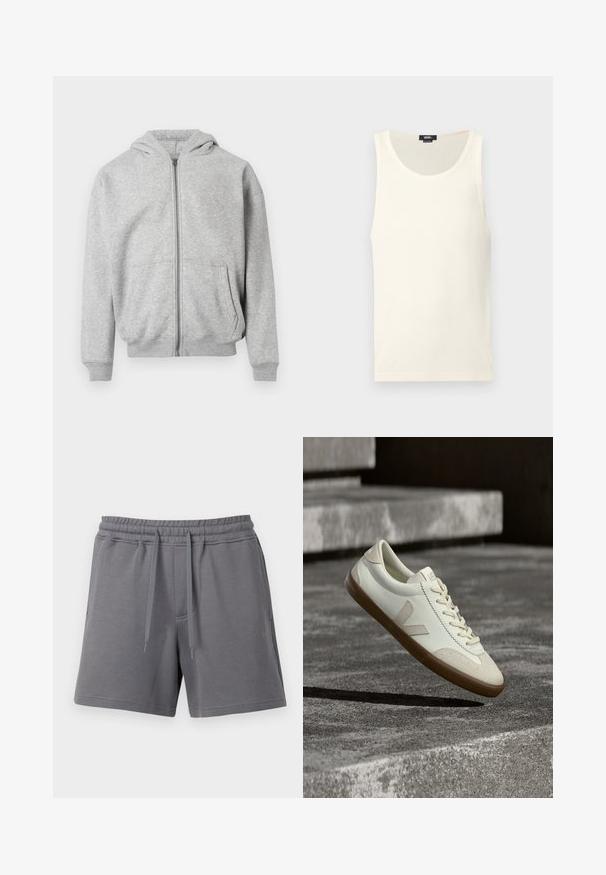 Sweat à capuche zippé gris clair avec poches frontales, poignets côtelés, ourlet et capuche attachée sur fond blanc.; Débardeur en coton blanc avec une texture côtelée, un col rond et sans manches. Comprend une petite étiquette logo en bas à gauche.; Shorts décontractés gris avec taille élastique et cordons, poches avant et ourlet droit sur fond blanc.; Baskets en cuir blanc avec semelle en caoutchouc beige, lacets plats et accent en forme de V sur le côté. Présentent une surface lisse et peu de détails de couture.