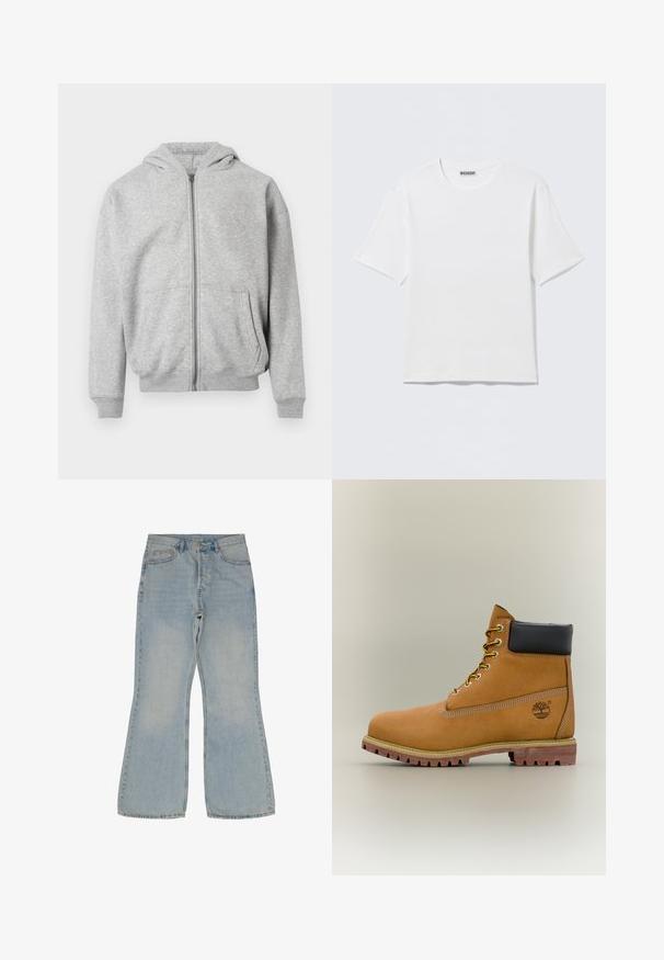 Sudadera con cremallera de color gris claro, con bolsillos delanteros, puños y dobladillo acanalados, y capucha adjunta sobre un fondo blanco.; Camiseta blanca lisa de manga corta con cuello redondo y una pequeña etiqueta "WEEKDAY" en el interior del cuello trasero, mostrada sobre una superficie plana.; Jeans acampanados de color azul claro, fabricados en denim. Cuentan con cinco bolsillos, un cierre de botón y costuras contrastantes a lo largo de las costuras.; Bota de tobillo de cuero marrón con cuello negro, cordones amarillos y suela beige. Presenta un logotipo y detalles de costura blanca. Suela exterior con tracción robusta.