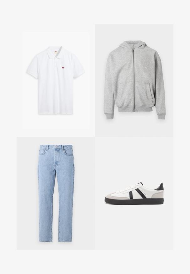 Heledhall hall hoodie, mille välimusega, esikotid, ribarihmadega varrukad ja äär, koos kinnitatud kapuutsiga valgel taustal.; Valge puuvillane polo särk. Omab kolme nupuga rindel sulgemist, lühikesi varrukaid ja väikest punast Levi's logo vasakul rinnal.; Heledad sinine denimipüks, sirge säärekujundusega, viis taskut ja nööbiga sulgemine. Pehme tekstuur ja klassikaline kulunud viimistlus.; Valged tossud mustade ja hallide aktsentidega, tekstureeritud halli varbakattega, musta kummitald ja lamedad valged paelad. Puhtad jooned, minimalistlik stiil.