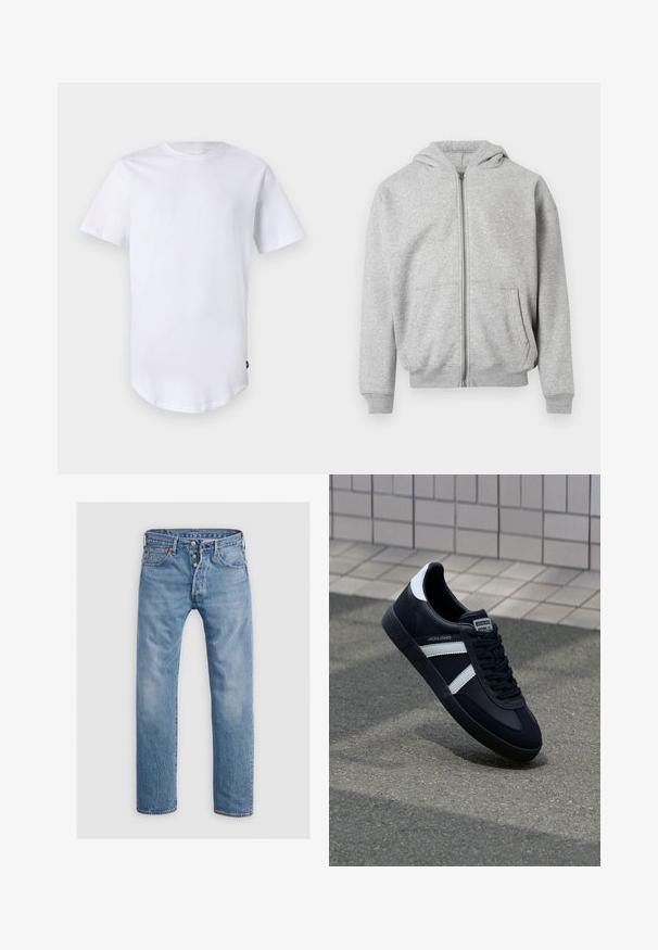 Sweat à capuche zippé gris clair avec poches frontales, poignets côtelés, ourlet et capuche attachée sur fond blanc.; T-shirt blanc à manches courtes en coton. Design à col rond avec un ourlet arrondi. Étiquette visible sur le côté inférieur gauche. Texture lisse.; Jeans en denim bleu clair avec une coupe droite, cinq poches et une fermeture à bouton. Présente des décolorations subtiles et des accents de couture.; Sneaker en cuir noir avec des rayures blanches, semelle en caoutchouc texturée et devant à lacets. Présente une étiquette de marque sur la languette.