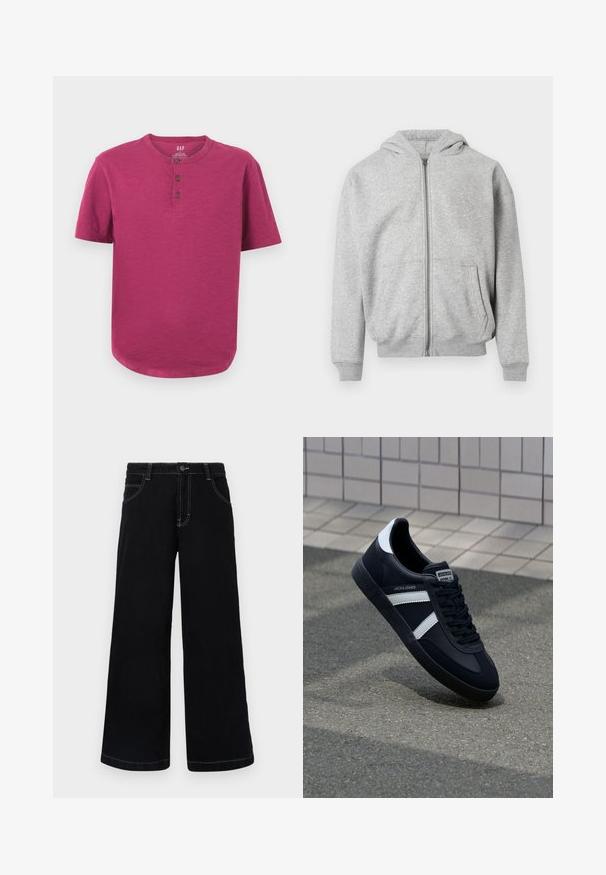 Lichtgrijze rits hoodie met voorzakken, ribgebreide manchetten, zoom en een vaste capuchon op een witte achtergrond.; Korte mouwen henley-shirt in een levendige magenta kleur. Heeft een ronde hals, een drieknoopsluiting en een licht afgeronde zoom. Zachte textuur.; Zwarte wijde spijkerbroek met knoopsluiting, vijf zakken en contrasterende witte stiksels langs de naden.; Zwarte leren sneaker met witte strepen, een gestructureerde rubberen zool en vetersluiting aan de voorkant. Voorzien van een merklabel op de tong.