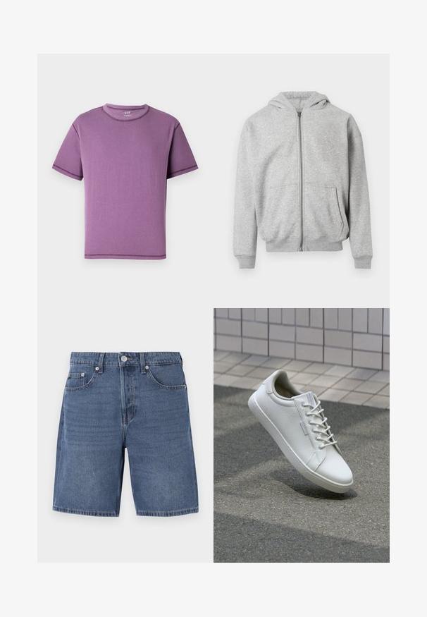 Sudadera con cremallera de color gris claro, con bolsillos delanteros, puños y dobladillo acanalados, y capucha adjunta sobre un fondo blanco.; Camiseta de manga corta morada hecha de algodón suave, con cuello redondo y costuras en contraste a lo largo de las costuras.; Shorts de mezclilla en un lavado azul medio, con cierre de cremallera, cinco bolsillos y costuras visibles a lo largo de las costuras. Diseño clásico de corte recto.; Zapatilla blanca hecha de cuero texturizado, con un cierre de cordones en la parte delantera, suela de goma resistente y un diseño minimalista con puntera reforzada.