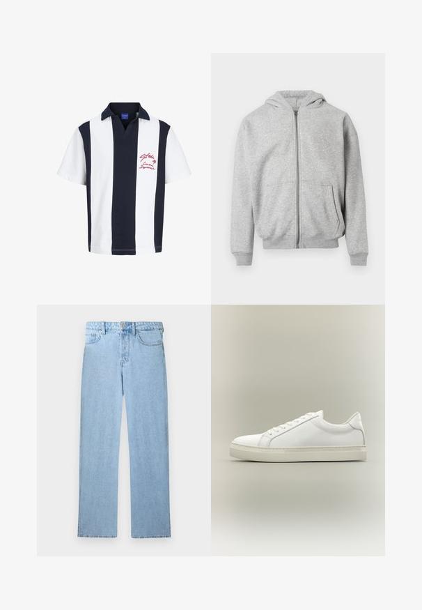 Sweat à capuche zippé gris clair avec poches frontales, poignets côtelés, ourlet et capuche attachée sur fond blanc.; Polo à manches courtes avec de larges rayures verticales bleu marine et blanches, col bleu marine, et broderie de texte rouge sur la poitrine gauche.; Jean denim bleu clair taille haute avec jambe droite, fermeture à bouton et zip à l'avant, et design à cinq poches sur fond blanc.; Baskets blanches basses à lacets sur l’avant et semelle épaisse, vues de côté sur un fond neutre.