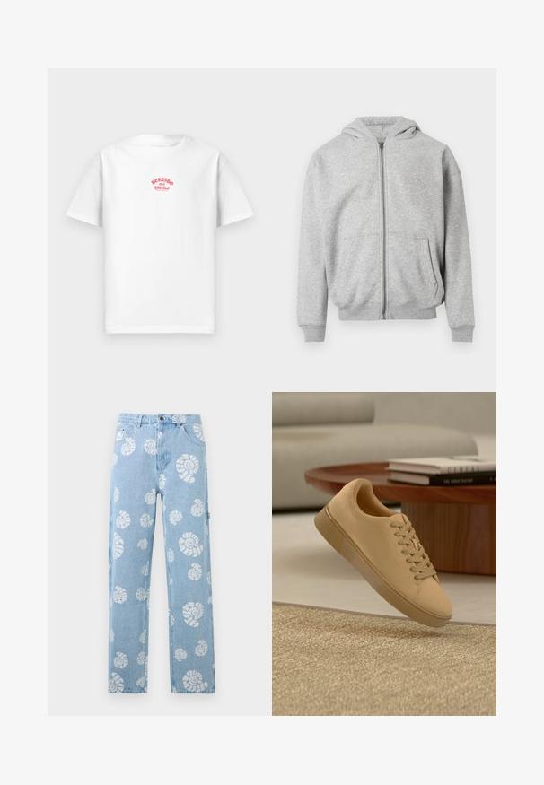 Hellgrauer Reißverschluss-Hoodie mit Fronttaschen, gerippten Bündchen, Saum und angenommener Kapuze auf einem weißen Hintergrund.; Weißes Baumwoll-T-Shirt mit rotem Druckdesign, das "Perdido en el paraíso" über die Brust liest, mit kurzen Ärmeln und lockerer Passform.; Hellblaue Jeans aus Denim mit weißen spiralartigen Muschelmustern, gerade geschnitten, mit Fronttaschen und Gürtelschlaufen.; Beiger geschnürter Sneaker, der über einem strukturierten Teppich mit Holzcouchtisch und gestapelten Büchern im verschwommenen Hintergrund schwebt.