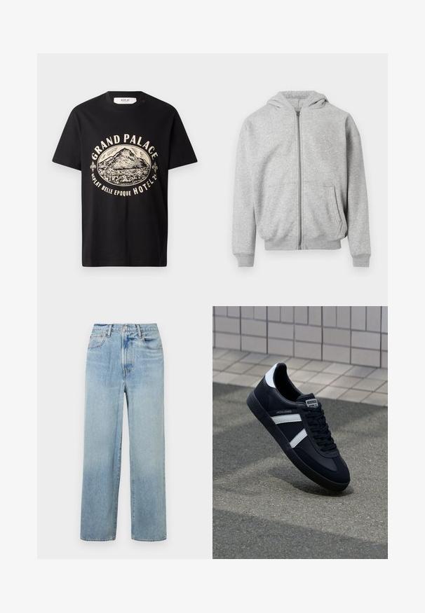 Lys grå zip-up hættetrøje med frontlommer, ribbede manchetter, nederste kant og fastgjort hætte på hvid baggrund.; Sort bomulds T-shirt med en beige grafisk print af et bjerg og teksten "Grand Palace Replay Belle Epoque Hotel." Simpelt crew-neck design.; Lys blå, lige ben denim jeans med høj talje, der har fem lommer og subtil fading. Rå kant og kontrasterende syninger.; Sort lædersneaker med hvide striber, tekstureret gummisål og snørrebånd foran. Har et brandet mærke på tungen.