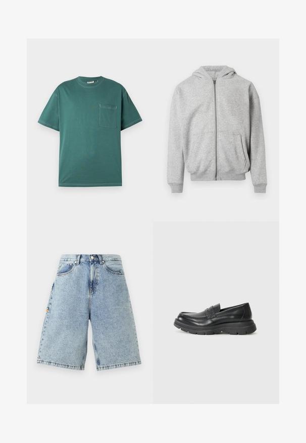 Hellgrauer Reißverschluss-Hoodie mit Fronttaschen, gerippten Bündchen, Saum und angenommener Kapuze auf einem weißen Hintergrund.; Türkisfarbenes T-Shirt mit kurzen Ärmeln, weißer Naht und einer Brusttasche auf der linken Seite, vor einem schlichten weißen Hintergrund präsentiert.; Blaue Denim-Shorts mit hoher Taille, lockerem Sitz, fünf Taschen und sichtbaren Nähdetails. Glatte Textur mit einem hellen Waschfinish.; Schwarzer Leder-Schlupfschuh im Mokassin-Stil, mit runder Zehenpartie, dicker Gummisohle und feinen Steppnähten im oberen Bereich.