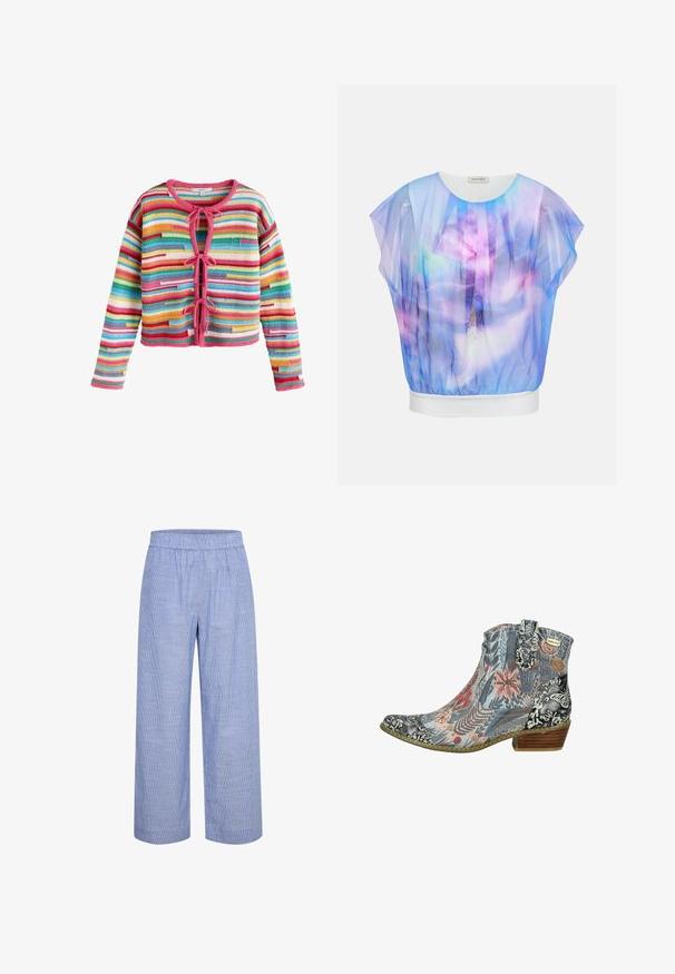 Cárdigan de ganchillo a rayas multicolor con mangas largas, ribete rosa y tres cierres delanteros con lazos.; Blusa transparente con mangas cortas en degradado morado y azul con estampados florales y de plumas, cuello redondo blanco y banda en el dobladillo.; Pantalones de pierna ancha de rayas en azul claro con cintura elástica. Hechos de una tela transpirable, presentan una textura suave y lisa y un corte casual.; Botín con motivos florales y de mariposas en tonos azul, rosa y negro, con un tacón bajo de madera y una lengüeta para tirar.