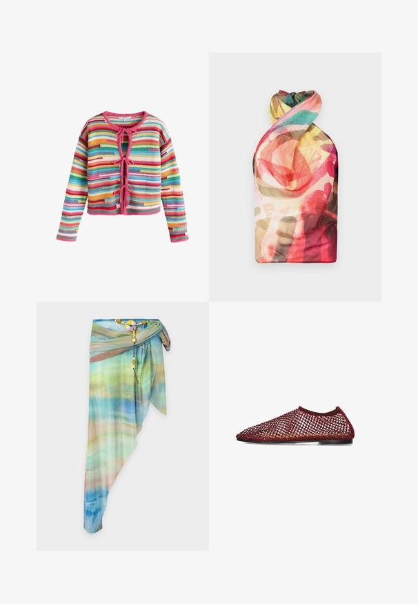 Multikleurrig gestreepte gehaakte cardigan met lange mouwen, roze afwerking en drie striksluitingen aan de voorkant.; Paolina Russo WRAPPED HALTER - Top - acid brown; Asymmetrische doorzichtige wikkelrok met blauw, groen en beige gradientpatroon, vastgemaakt met een decoratieve kralenriem en ronde gesp.; Rood vlakke schoen met open, netachtige ontwerp en leren zool, zijaanzicht op een witte achtergrond.