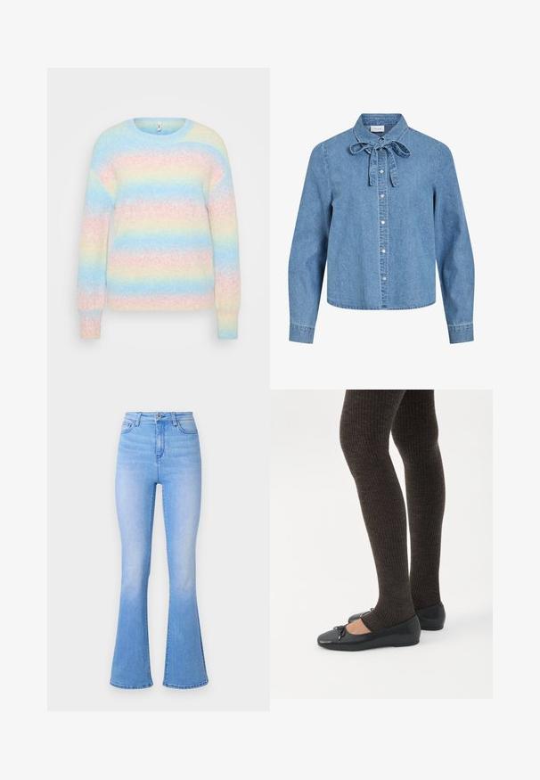 Sweater lavet af blødt, fuzzy stof med vandrette striber i lyseblå, pink, gul og creme, med rund hals og ribbede manchetter.; Lyseblå denimskjorte med lange ærmer, sølvfarvede trykknapper foran og en bundet sløjfe ved kraven.; Lyseblå flared jeans med høj talje, lavet af denim. Har en glat tekstur og en subtil falmende effekt mod kanten. Klassisk fem-lomme design.; Ben iført mørke ribbede leggings kombineret med sorte balletsko med små sløjfedetaljer på hvid baggrund.