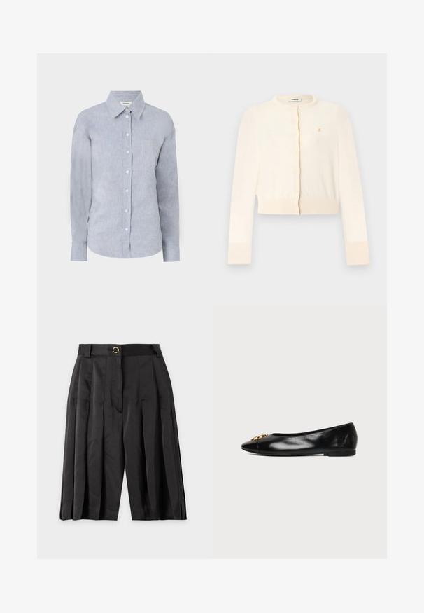 Cardigan court à manches longues crème avec encolure ronde, boutons sur le devant, poignets et ourlet côtelés, et petit logo doré brodé sur la poitrine.; Chemise bouton-uppée bleu clair en tissu texturé, dotée d'un col classique, de manches longues et d'une poche poitrine unique.; Short noir plissé taille haute avec passants de ceinture et fermeture à un bouton à l'avant sur un fond uni.; Chaussure plate en cuir noir avec un bout pointu et un emblème décoratif doré sur fond blanc uni.