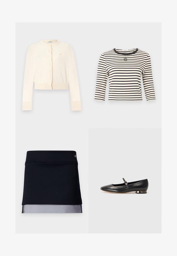 Kremfarvet cropped cardigan med lange ærmer, rund halsudskæring, knapper foran, ribstrikkede ærmekanter og kant, samt et lille gyldent broderet logo på brystet.; Hvid og sort langærmet top med vandrette striber, rund halslinning dekoreret med palietter og et lille dekorativt logo i midten af brystet.; Sort nederdel med en tætsiddende talje og en gennemsigtig mesh kantdetalje. Stoffet er glat med et struktureret design og har en lille metalaccent.; Sort læder ballerina flad med spids tå, minimal ankelrem og en lille metal blokhæl. Glat tekstur, ingen synlige mønstre.