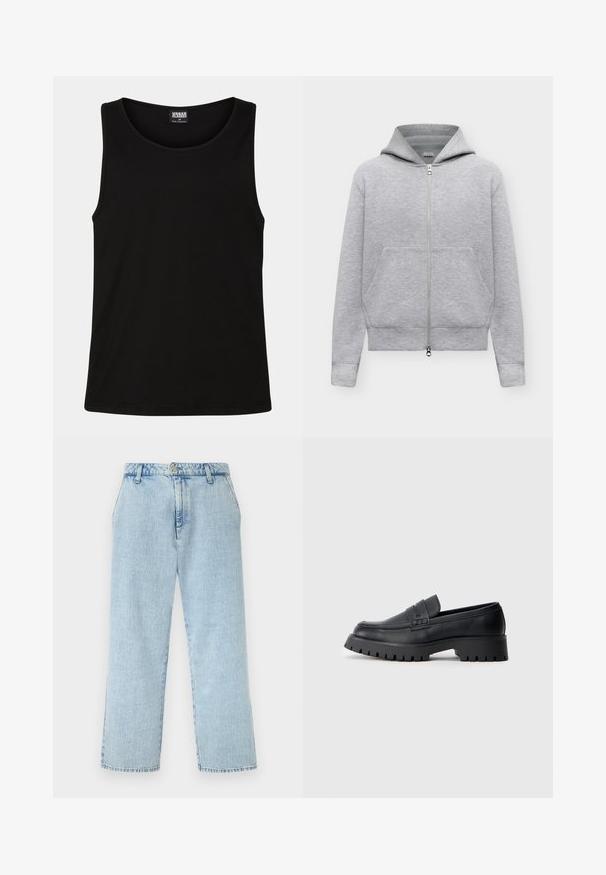 Lichtgrijze hoodie met rits, zakken aan de voorkant en een capuchon, afgebeeld tegen een effen witte achtergrond.; Zwarte tanktop gemaakt van zachte katoenstof. Beschikt over een ronde halslijn en ruime armsgaten, zonder zichtbare patronen of accenten.; Lichtblauwe denim jeans met rechte pijpen en hoge taille, voorzien van voorzakken, riemlussen, knoop- en ritssluiting.; Zwarte leren instappers met een ronde neus, voorzien van een decoratieve riem en een stevige rubberen zool met diepe groeven voor grip.