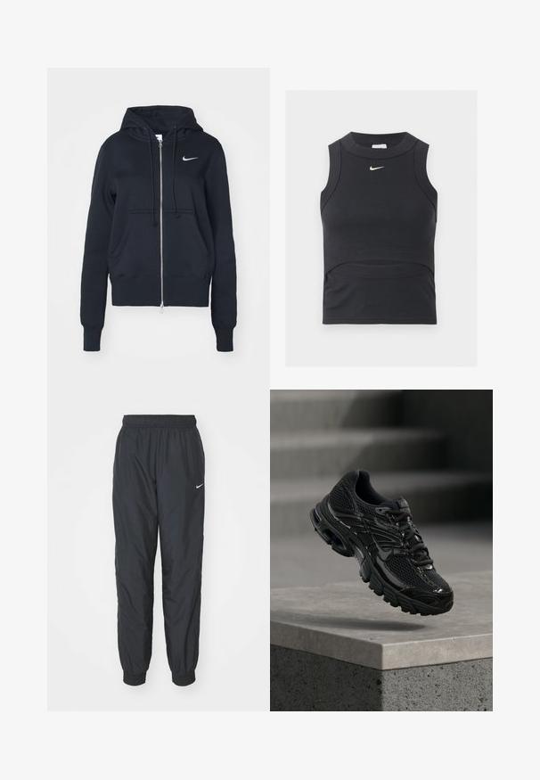 Schwarze Zip-Hoodie aus Baumwolle, ausgestattet mit einer verstellbaren Kapuze, Fronttaschen und einem kleinen silbernen Nike-Logo auf der linken Brust.; Schwarzes ärmelloses, kurzes Sporttop mit gerippter Struktur und weißem Nike Swoosh-Logo auf der Brust.; Schwarze Nike Jogginghosen aus leichtem Material, mit elastischem Bund und Bündchen, versehen mit einem kleinen weißen Logo am linken Bein.; Schwarzer Nike Laufschuh mit Mesh- und Synthetik-Obermaterial, der über einer Betonfläche und Treppen im Hintergrund schwebt.