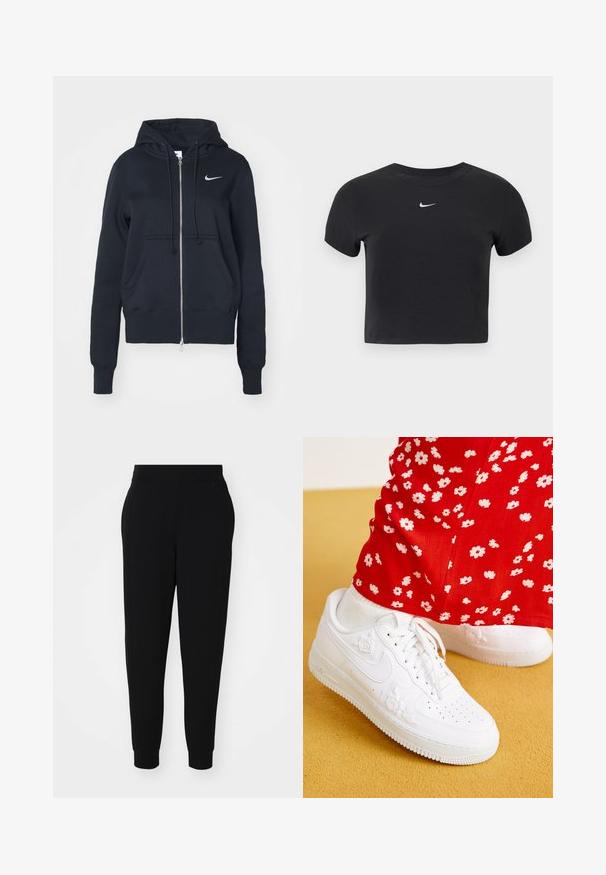 Sort zip-up hættetrøje lavet af bomuld, med snoretræk til hætten, forlommer og et lille sølvfarvet Nike-logo på venstre bryst.; Sort cropped t-shirt lavet af bomuld, med rund halsudskæring og korte ærmer. Bemærkelsesværdigt hvidt Nike-logo på brystet.; Sorte joggerbukser lavet af blødt stof, med en tapered ben, elastisk talje og ribbede manchetter med sidesømmer for et skræddersyet udseende.; Hvide lædersneakers med blomsterprægede detaljer, rund tå og en tekstureret gummisål. Parret med røde bukser med hvidt blomsterprint.