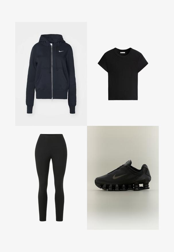 Sort zip-up hættetrøje lavet af bomuld, med snoretræk til hætten, forlommer og et lille sølvfarvet Nike-logo på venstre bryst.; Sort kortærmet T-shirt med rund hals, lagt fladt, enkelt design med synlige sømme omkring ærmer og hals.; Sorte leggings med høj talje. Lavet af strækbart stof, der har en glat tekstur og en tætsiddende silhuet uden synlige sømme.; Sort Nike-sneaker med lynlåsfunktion øverst og karakteristisk fjederlignende opdelt sål, vist i sideprofil mod en neutral baggrund.