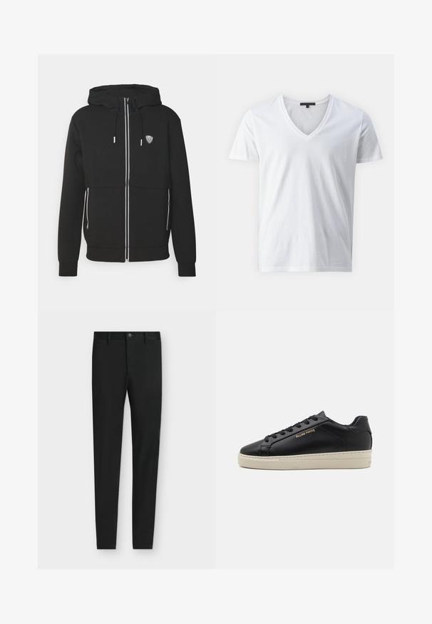 Sort hættejakke med lynlås foran, snoretræk i hætten og hvide striber langs lynlåsen. Har et logo på brystet og ribbede manchetter.; Hvid bomulds T-shirt med V-hals design, korte ærmer og en glat tekstur. Enkel, ubeskræftet stil.; Sorte slimfit bukser med bæltestropper, knaplukning og forlommer, vist fladt på en lysegrå baggrund.; Sorte lædersneakers med en glat finish, kontrasterende cremefarvet sål, rund tå, guld logo på siden og seks huller til snørebånd.