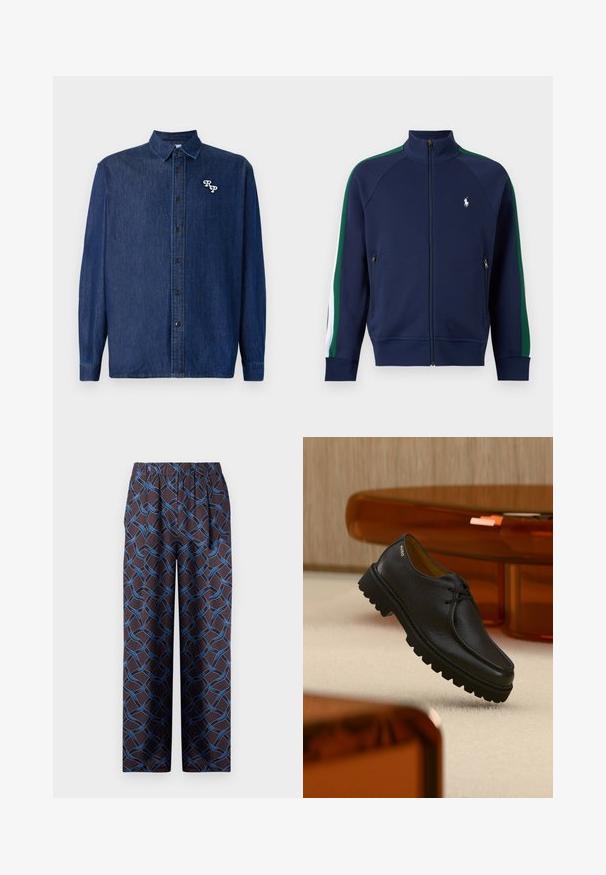 Mørkeblå trackjakke med lynlås og høj krave, grønne og hvide striber på ærmerne, lynlåslommer og lille hvidt logo på brystet.; Mørkeblå denimskjorte med knappelukning foran, lange ærmer og spids krave. Har en hvid broderet "RP"-logo.; Bredde bukser i mørkt stof med et vævet blåt mønster. Elastisk talje sikrer komfort. Glat tekstur med geometriske accenter.; Sort tekstureret lædersko med snørebånd og tyk rillet sål, mærket "HUGO" nær hælen, vist mod et beige tæppe og ravfarvet møbel.