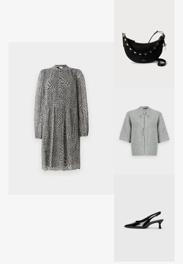 Cárdigan gris de manga corta hecho de suave tejido de punto, con escote redondo, cierre de lazo y bordes acanalados para mayor textura.; Vestido de rodilla en blanco y negro con mangas largas y transparentes, botonadura delantera, corte suelto y patrón abstracto de manchas en una tela ligera.; Zapatos de charol negro tipo slingback con punta afilada y tacón bajo. Correa ajustable con hebilla en el tobillo.; Bolso de mano de cuero negro con un diseño curvado, detalles plateados en la correa y cierre de cremallera para un almacenamiento seguro.