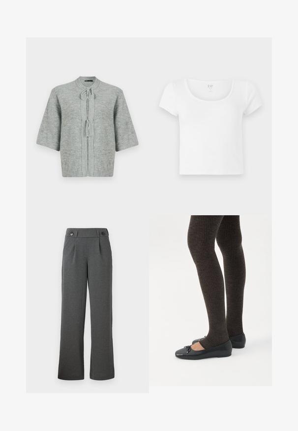 Grå kortærmet cardigan lavet af blødt strikstof, med en rund halsudskæring, snøre lukning og ribbede kanter for ekstra tekstur.; Hvid kortærmet cropped t-shirt lavet af blødt bomuld, med rund halsudskæring og et enkelt design uden mønstre eller detaljer.; Grå brede bukser lavet af struktureret stof, med høj talje, frontfolder og to knapper i taljen.; Ben iført mørke ribbede leggings kombineret med sorte balletsko med små sløjfedetaljer på hvid baggrund.