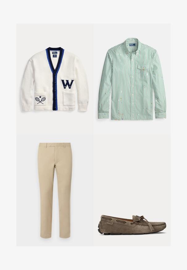 Witte cardigan met marineblauwe en koningsblauwe bies, zwarte knopen, tennisracketborduursel op het linkerzakje en "W 1877" patch aan de rechterkant.; Groen-wit gestreept overhemd met knopen, een borstzak en verfspatten als details. Voorzien van lange mouwen en een kraag.; Beige katoenen broek met een rechte snit, voorzien van riemlussen, een platte voorkant en op maat gemaakte zoom. Glad textuur en minimale details.; Lichtbruine suède loafer met veter- en kwastdetail, gestikte moc-toe en rubberen zool, zijaanzicht.