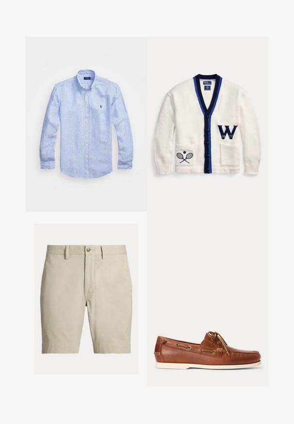 Hvid cardigan med navy blå og royal blå kant, sorte knapper, tennis ketcher broderi på venstre lomme og "W 1877" patch på højre side.; Blå og hvid stribet langærmet skjorte lavet af bomuld, med knap-ned krave, frontknapper og et lille broderet logo på brystet.; Beige knælange shorts med bæltestropper, knaplukning og lynlås, vist mod en hvid baggrund.; Brun læder bådsko med hvid sål, snørebånd bundet foroven og metal-øjer langs siderne og i forreste syning.