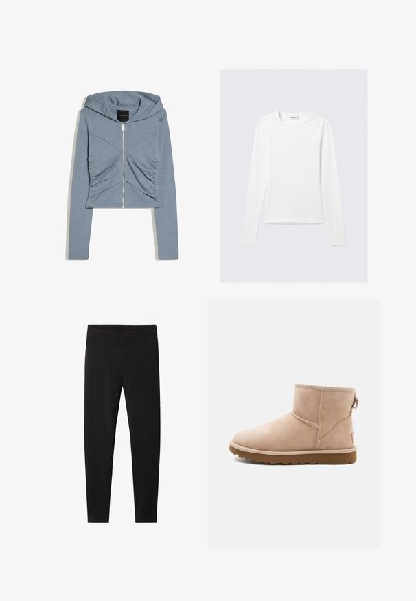 Lyseblå cropped hættetrøje med lange ærmer, lynlås foran, hætte og rynkede stofdetaljer på brystet.; Langærmet, enkel hvid T-shirt med rund halsudskæring og tætsiddende pasform, vist mod en lysegrå baggrund.; Sorte leggings med en bred, elastisk talje. Fremstillet af et glat, strækbart materiale, skræddersyet til en tætsiddende silhuet uden synlige mønstre.; Beige ruskindsankelstøvle med rund tå, synlige sting og en tekstureret brun gummisål. Har en træksløjfe på bagsiden.