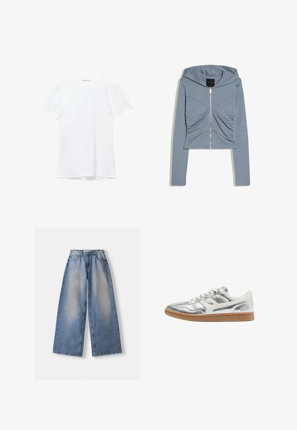 Lichtblauwe cropped hoodie met lange mouwen, ritssluiting aan de voorkant, capuchon en geplooide stofdetails op de borst.; Witte short-sleeve t-shirt van gladde stof, met een ronde halslijn en subtiele stiksels bij de zoom.; Brede blauwe denim jeans met hoge taille en vervaagde details, plat gelegd op een witte achtergrond.; Low-top sneaker met metallic zilverkleurig bovenwerk, witte leren accenten, crèmekleurige veters en lichtbruine rubberen zool, weergegeven vanaf de zijkant.