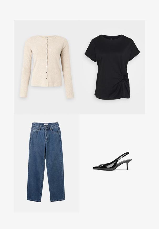 Beige Cardigan aus einem weichen Strickstoff, mit rundem Halsausschnitt, langen Ärmeln und einer Knopfverschlussleiste vorne.; Schwarzes T-Shirt aus Baumwolle mit rundem Halsausschnitt, kurzen Ärmeln und einem verdrehten Detail auf der linken Seite. Glatte Textur.; Klassische blaue Denim-Jeans mit geradem Bein, fünf Taschen und Knopfverschluss. Sie verfügen über eine mittelblau gewaschene Optik und sind aus robuster Textur.; Schwarze patentierte Slingback-Absätze mit spitzem Zehenbereich und glänzender Oberfläche. Besitzt einen schlanken Absatz und eine abgerundete Akzentuierung am Schuhoberteil.
