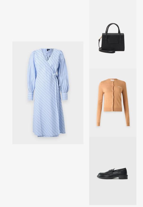 Kaftan värvitud kardigan, nööpide kujundus, pikad varrukad, soonilised mansetid ja äär, pehme tekstuur, rinnas on tikitud "2ND DAY".; Vaaleansininen kietaisumekko, jossa vinoja valkoisia ja laivastonsinisiä raitoja, pitkät pussihihat, leveät kalvosimet ja sivutaittokiristys.; Musta nahkainen loafers-mallinen kenkä pyöreällä varvalla, ommelluilla yksityiskohdilla ja pienellä korolla. Yksinkertainen pinta ja joustava kumipohja.; Musta rakenne käsilaukku, joka on valmistettu nahasta, jossa on yläkahva, irrotettava olkahihna ja etupuolella läppäyksikkö. Kulta koristeet.