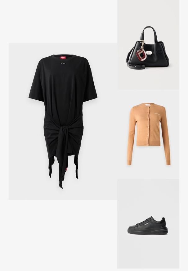Karamelkleurige cardigan, knoopsluiting, lange mouwen, ribgebreide manchetten en onderrand, zachte textuur, met "2ND DAY" geborduurd op de borst.; Zwarte katoenen t-shirt jurk met korte mouwen, voorzien van een knoopdetail in de taille en een logo label. Smooth textuur en losse pasvorm.; Zwarte leren low-top sneaker met een zwarte paillettenkandelaar, tonale zool, veters en een zilveren "GUESS" logo op de zijkant en de tong.; Zwarte gestructureerde leren handtas met korte handgrepen, afneembare schouderriem, zilverkleurige sluiting en rood- en beige leren sleutelhanger.