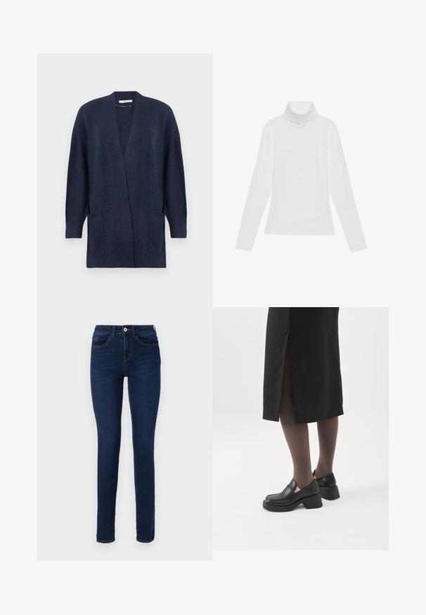 Tumedast sinine pikk kootud kardigan pikkade varrukatega, avatud esiküljega, ribatekstuuriga ja kahe esise patch-taskuga.; Valge pikkade varrukate turtleneck-särk, mis on valmistatud siledast ja venivast kangast. Omab kõrget kraed ja keha lähedast lõiget, ilma nähtavate mustrite või kaunistusteta.; Tumedate sinised kitsad teksad, mis on valmistatud denimist, esise nupuga sulgemise, vöökohtade ja peente õmblusdetailidega. Sobivad igapäevaseks kandmiseks.; Naine, kes kannab musta kõva kontsaga loafer-kingi, läbipaistvaid musti sukkpükse ja musta seelikut tagumise lõhikuga valgel taustal.