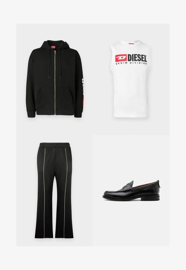 Haut à capuche noir zippé avec poches avant, cordons de serrage sur la capuche, et logo "DIESEL" blanc sur la manche gauche, avec une étiquette rouge à l'intérieur du col.; T-shirt blanc sans manches en coton avec un logo audacieux "DIESEL DENIM DIVISION" en noir et rouge sur la poitrine. Texture lisse, col rond.; Pantalon de sport noir avec une taille cintrée, doté de bandes blanches sur les côtés et d'une coupe évasée aux jambes. Fabriqué en tissu doux et extensible.; Mocassin homme en cuir noir avec couture moc toe, bride penny, col texturé et petit talon empilé sur fond blanc.